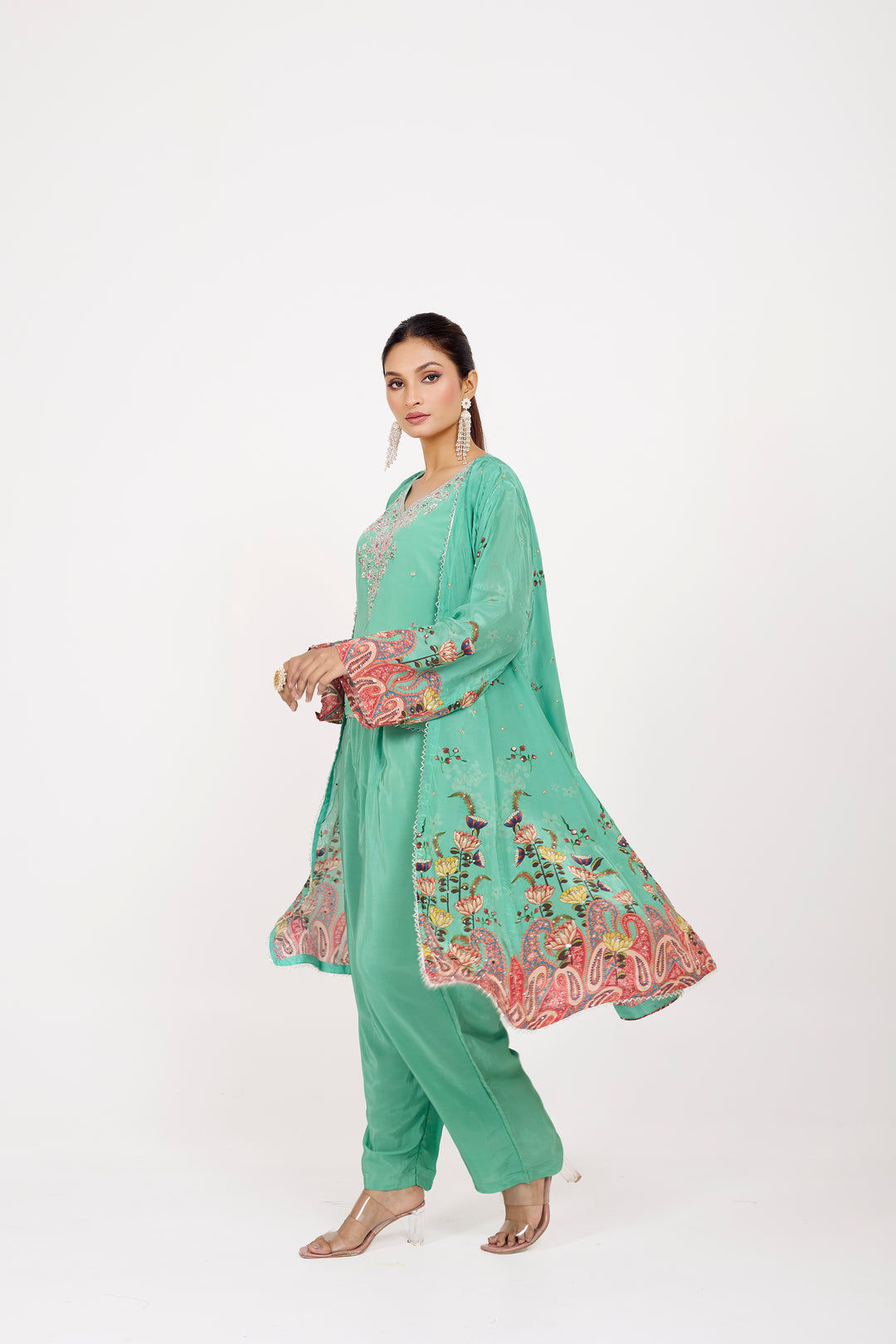 Indo-Western Printed Shrug Set - Hand Embroidered - Set of 3 - Sea Green