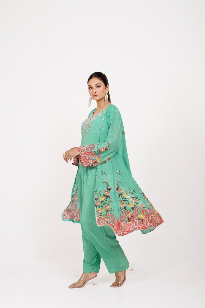 Indo-Western Printed Shrug Set - Hand Embroidered - Set of 3 - Sea Green