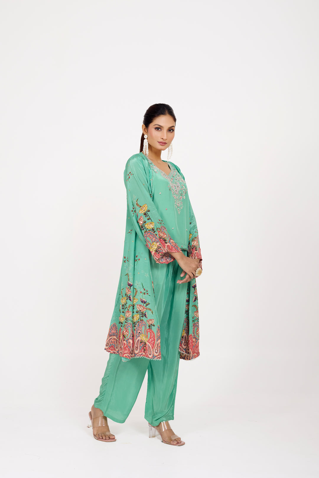 Indo-Western Printed Shrug Set - Hand Embroidered - Set of 3 - Sea Green