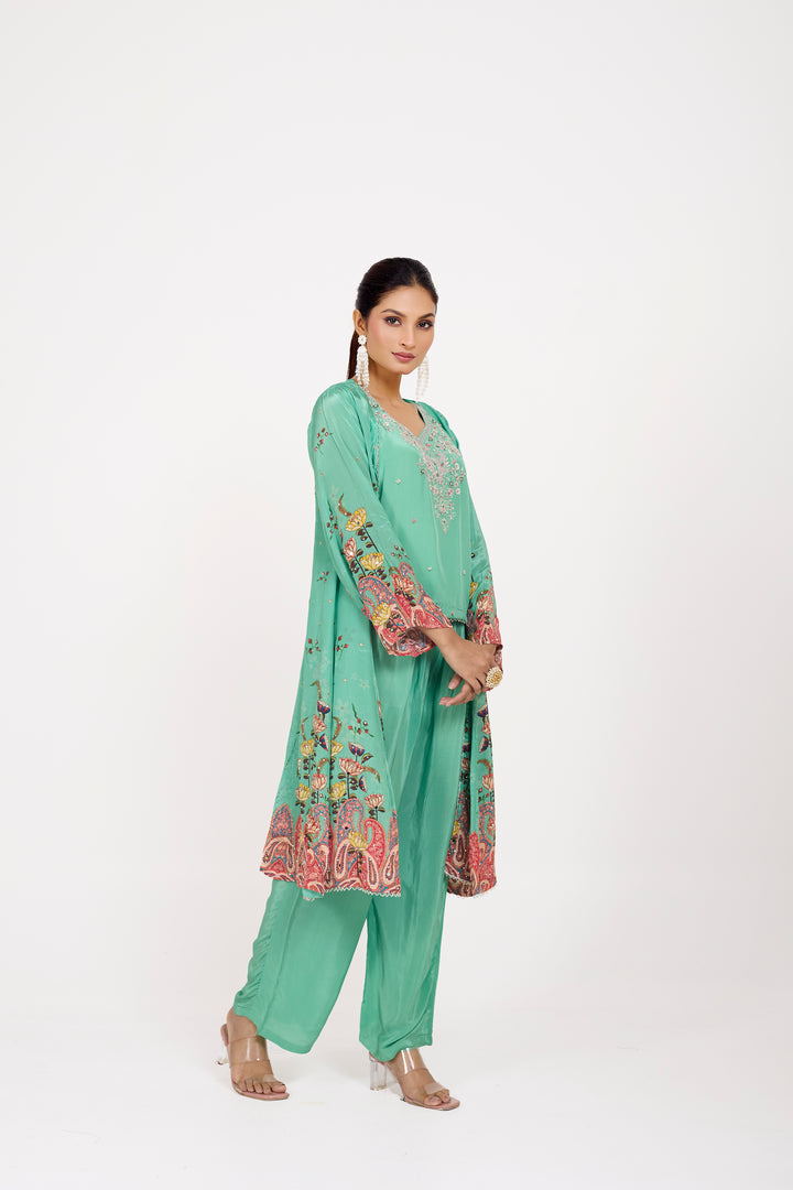 Indo-Western Printed Shrug Set - Hand Embroidered - Set of 3 - Sea Green