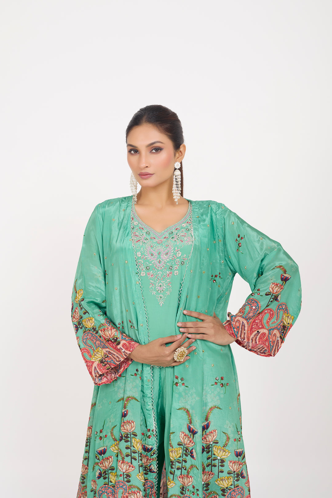Indo-Western Printed Shrug Set - Hand Embroidered - Set of 3 - Sea Green