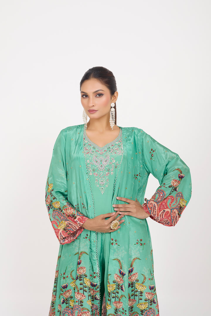 Indo-Western Printed Shrug Set - Hand Embroidered - Set of 3 - Sea Green