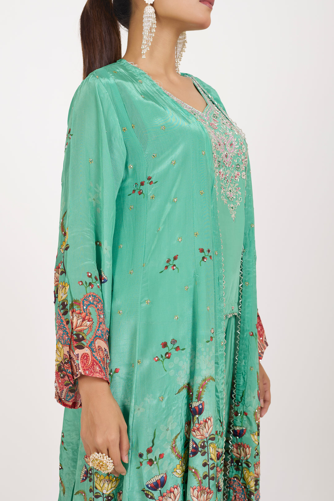 Indo-Western Printed Shrug Set - Hand Embroidered - Set of 3 - Sea Green
