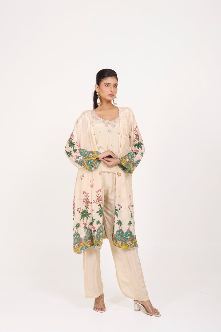 Indo-Western Printed Shrug Set - Hand Embroidered - Set of 3 - Off-White