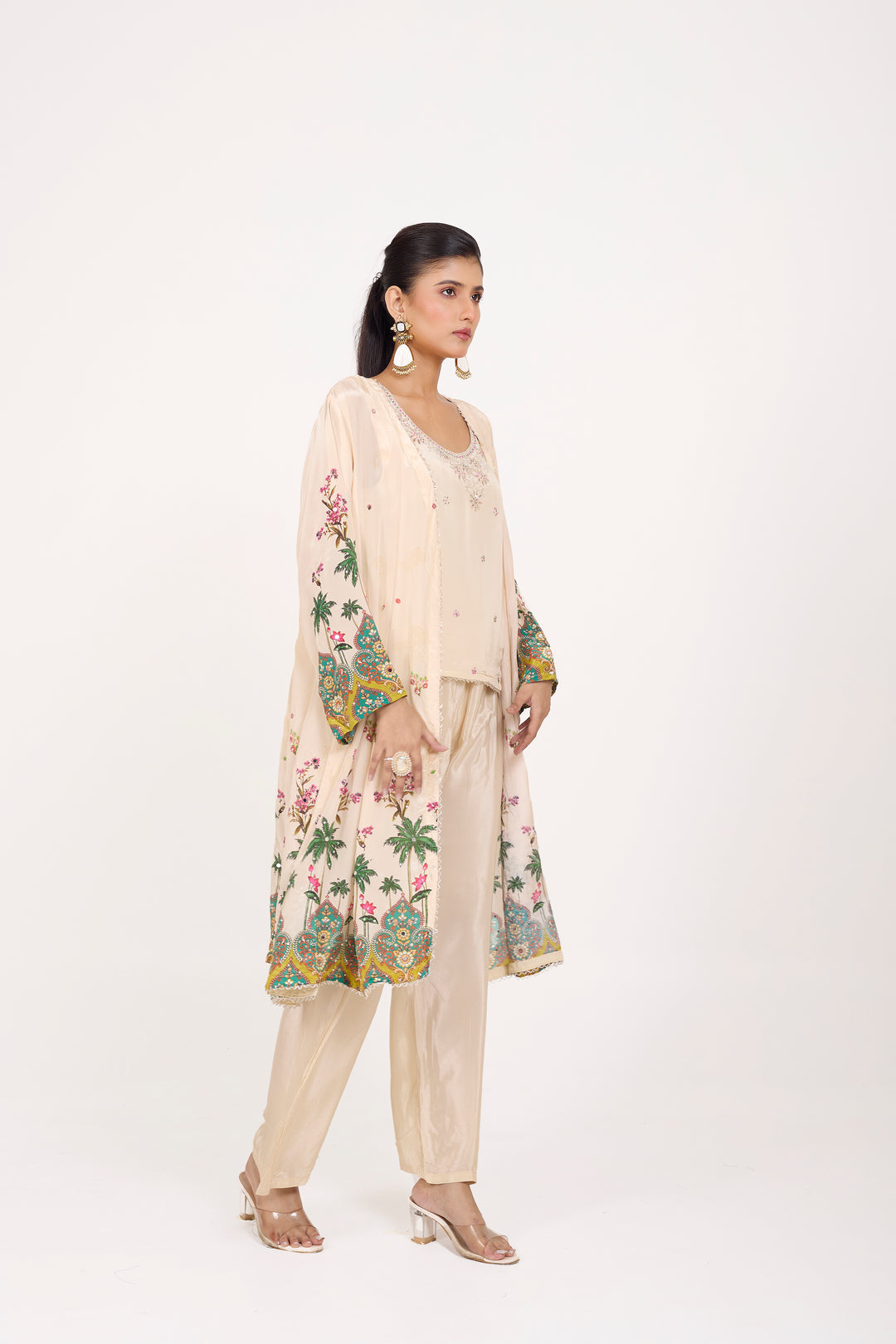 Indo-Western Printed Shrug Set - Hand Embroidered - Set of 3 - Off-White