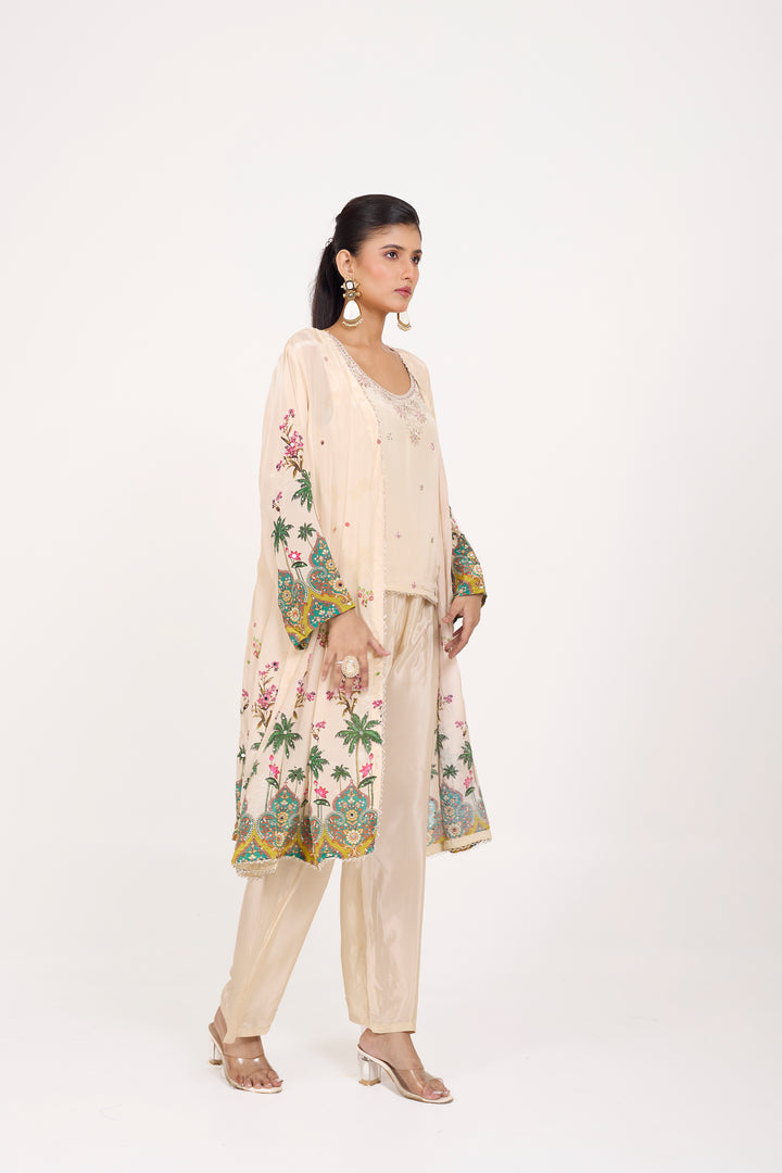 Indo-Western Printed Shrug Set - Hand Embroidered - Set of 3 - Off-White