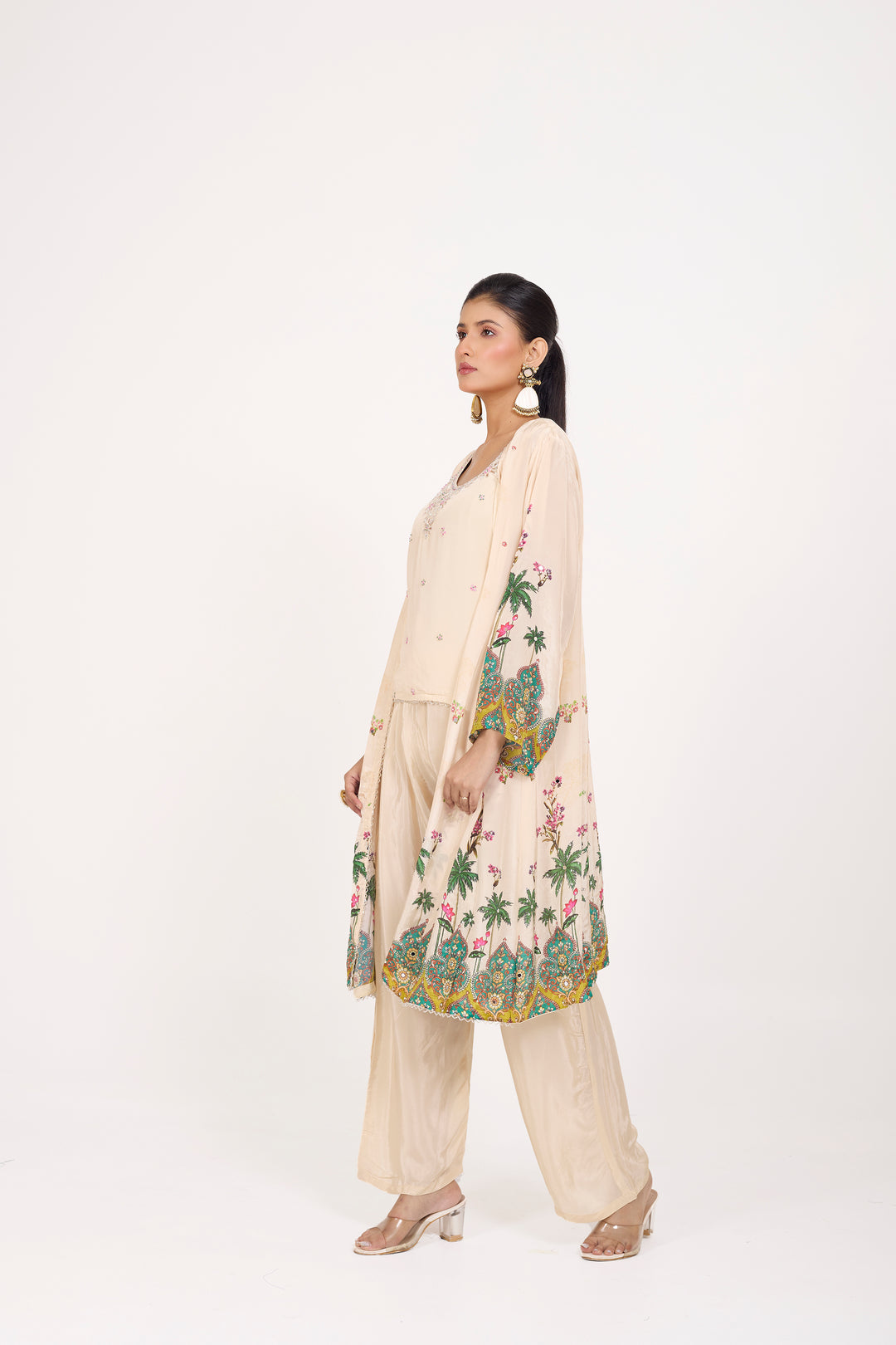 Indo-Western Printed Shrug Set - Hand Embroidered - Set of 3 - Off-White