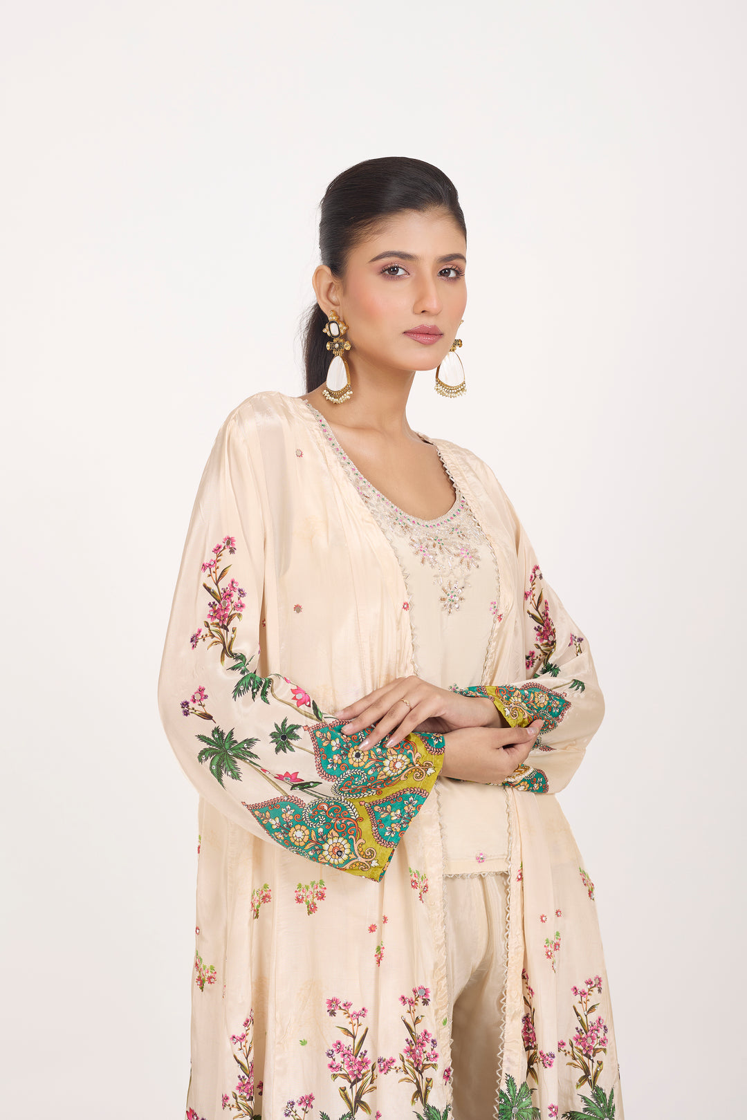 Indo-Western Printed Shrug Set - Hand Embroidered - Set of 3 - Off-White