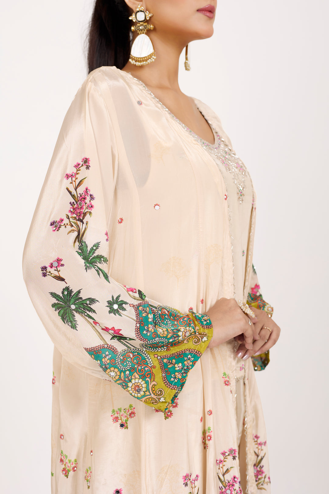 Indo-Western Printed Shrug Set - Hand Embroidered - Set of 3 - Off-White