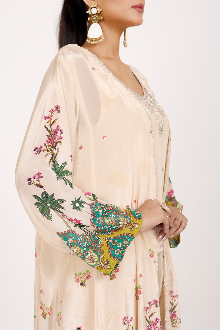 Indo-Western Printed Shrug Set - Hand Embroidered - Set of 3 - Off-White