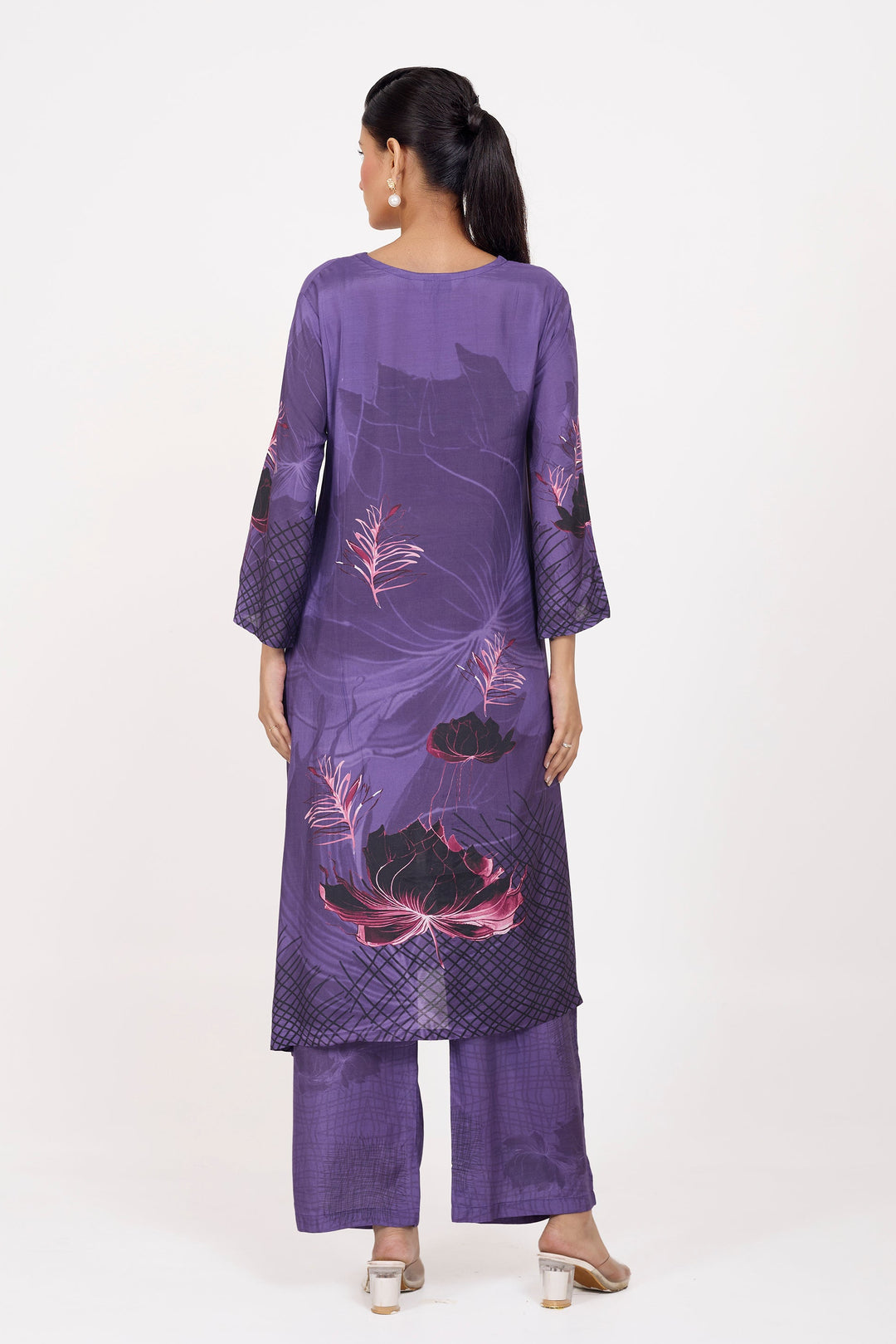 Printed Kurta & Pant - Hand Embroidered - Set of 2 - Purple - Muslin Silk