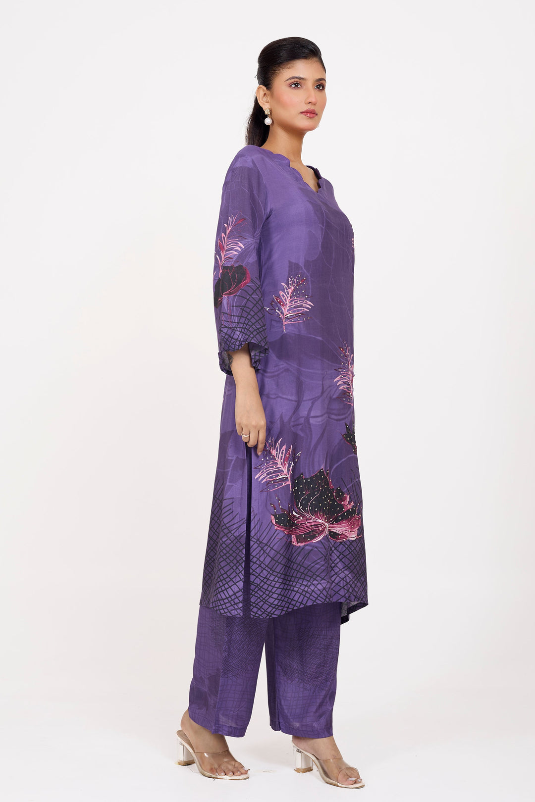 Printed Kurta & Pant - Hand Embroidered - Set of 2 - Purple - Muslin Silk