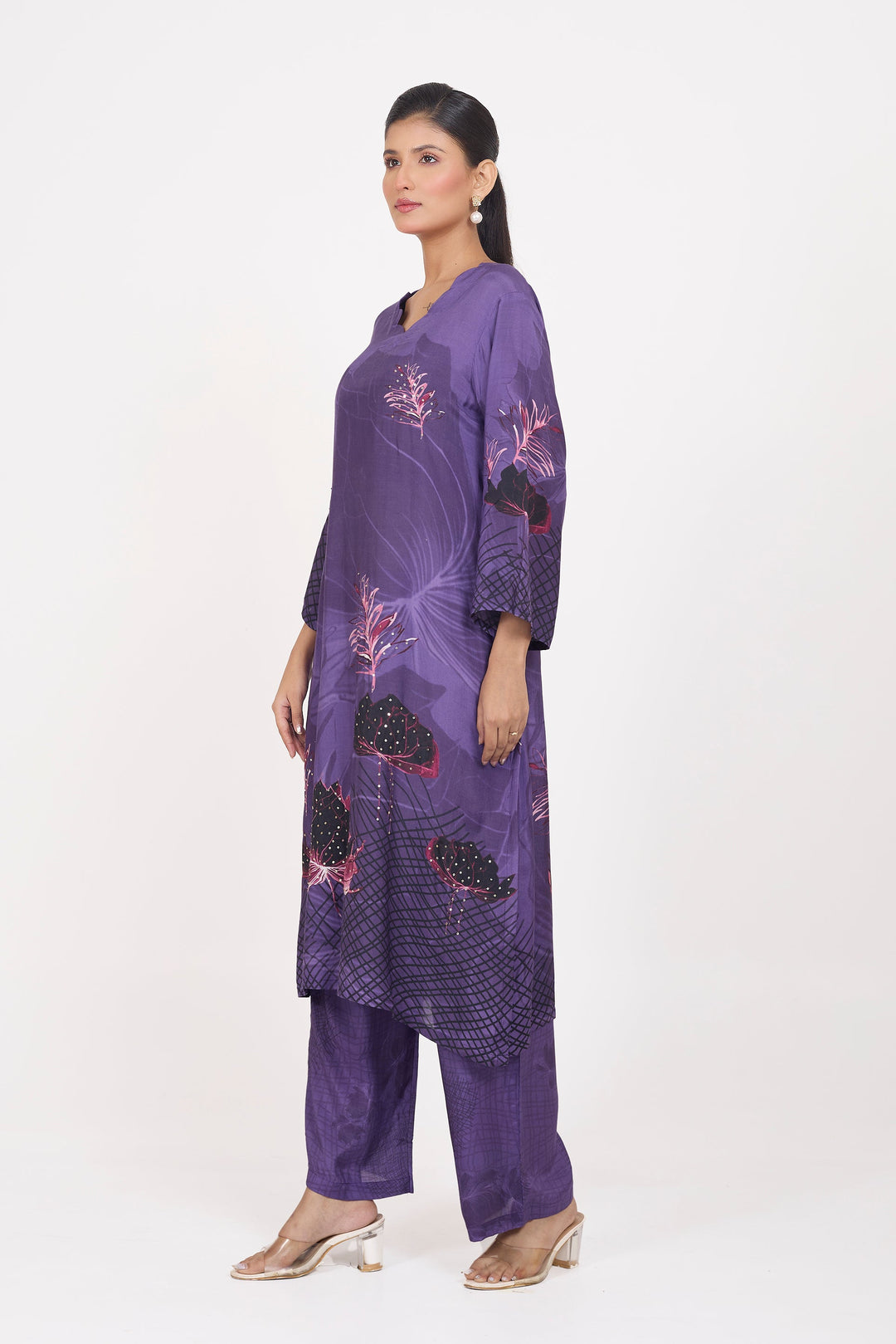 Printed Kurta & Pant - Hand Embroidered - Set of 2 - Purple - Muslin Silk