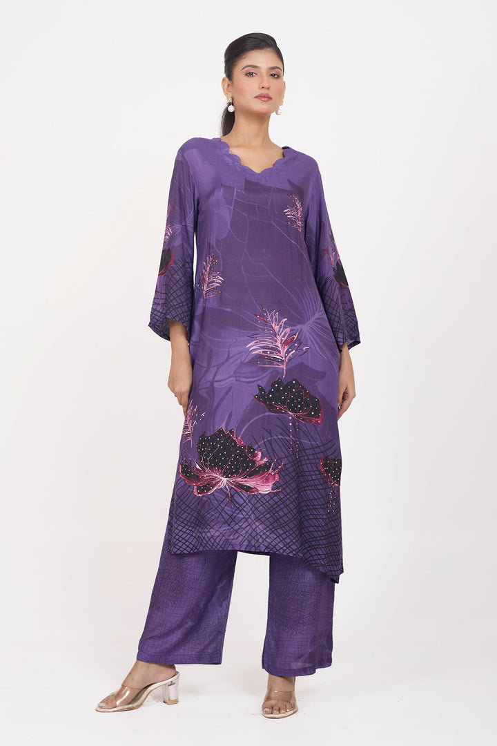 Printed Kurta & Pant - Hand Embroidered - Set of 2 - Purple - Muslin Silk