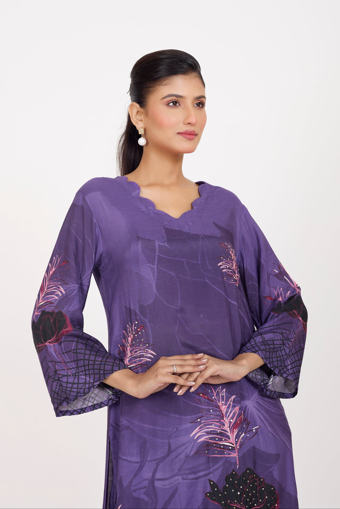 Printed Kurta & Pant - Hand Embroidered - Set of 2 - Purple - Muslin Silk