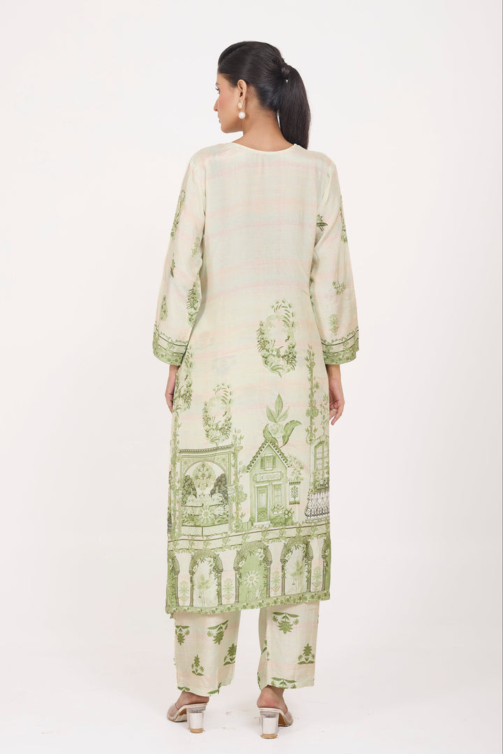 Printed Kurta & Pant - Hand Embroidered - Set of 2 - Green - Muslin Silk