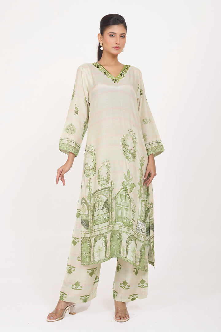 Printed Kurta & Pant - Hand Embroidered - Set of 2 - Green - Muslin Silk