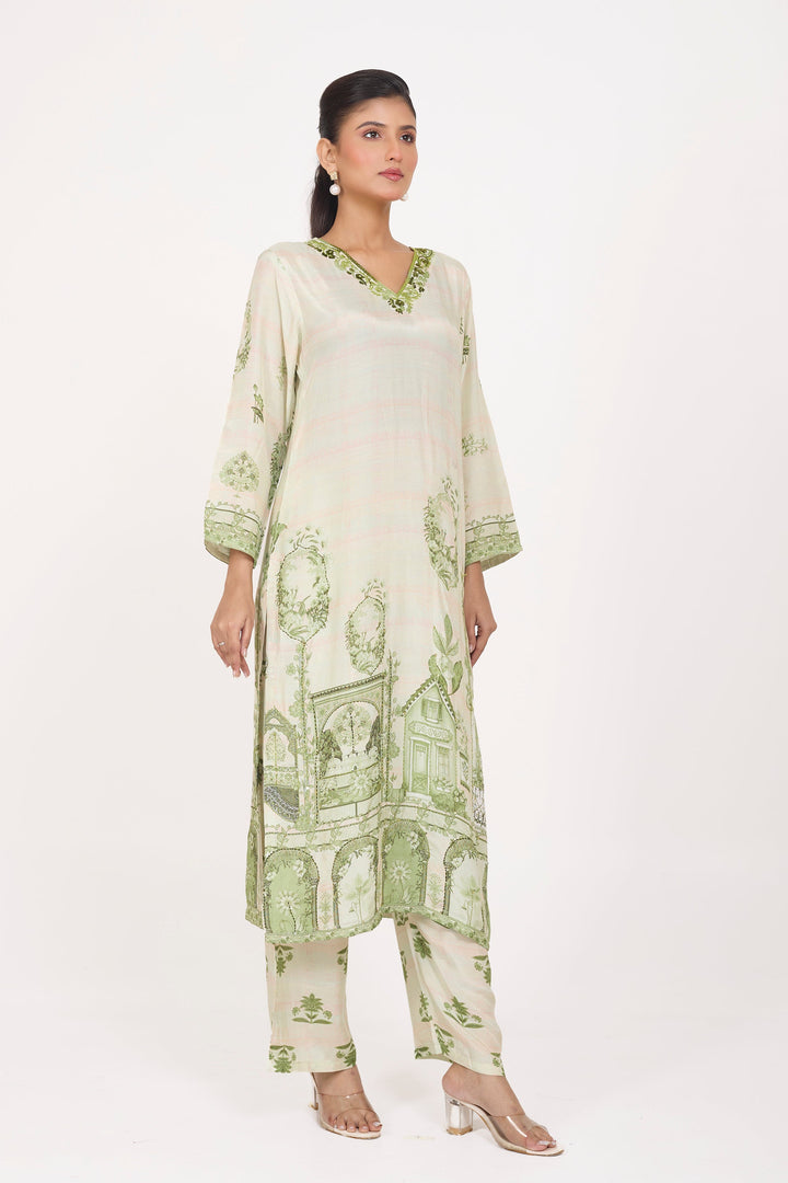 Printed Kurta & Pant - Hand Embroidered - Set of 2 - Green - Muslin Silk