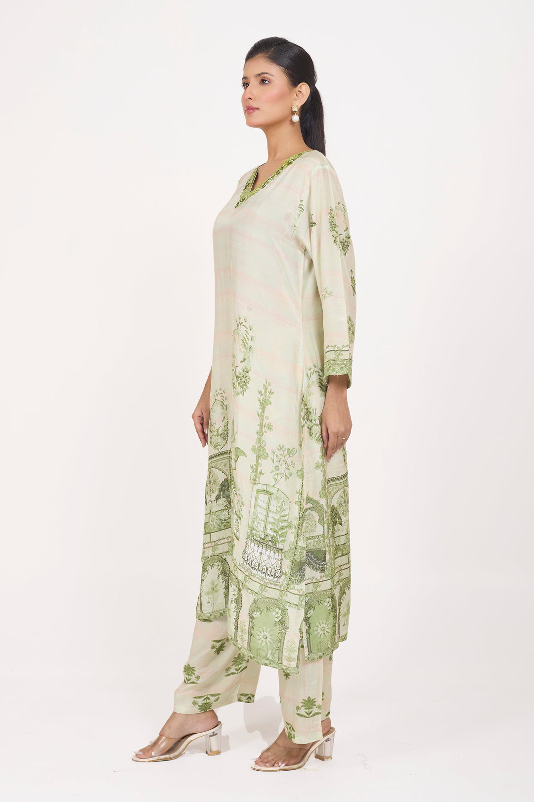 Printed Kurta & Pant - Hand Embroidered - Set of 2 - Green - Muslin Silk