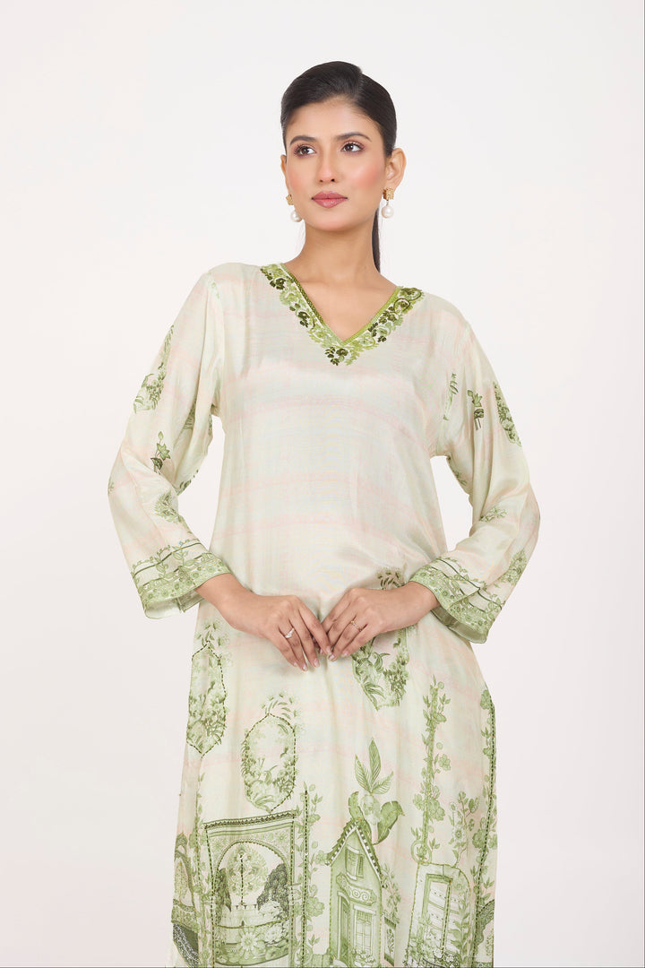 Printed Kurta & Pant - Hand Embroidered - Set of 2 - Green - Muslin Silk