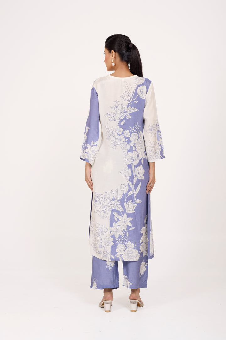 Printed Kurta & Pant - Hand Embroidered - Set of 2 - Ombre Blue- Muslin Silk