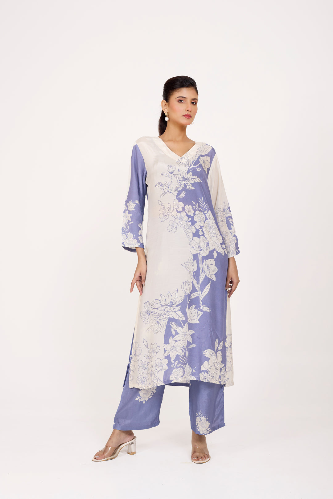 Printed Kurta & Pant - Hand Embroidered - Set of 2 - Ombre Blue- Muslin Silk