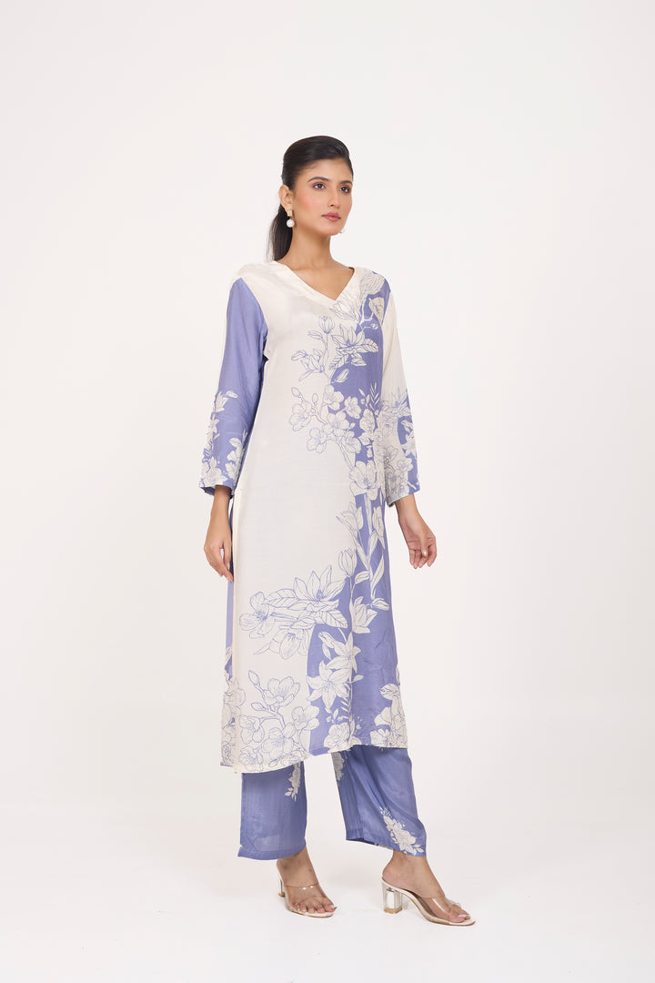 Printed Kurta & Pant - Hand Embroidered - Set of 2 - Ombre Blue- Muslin Silk