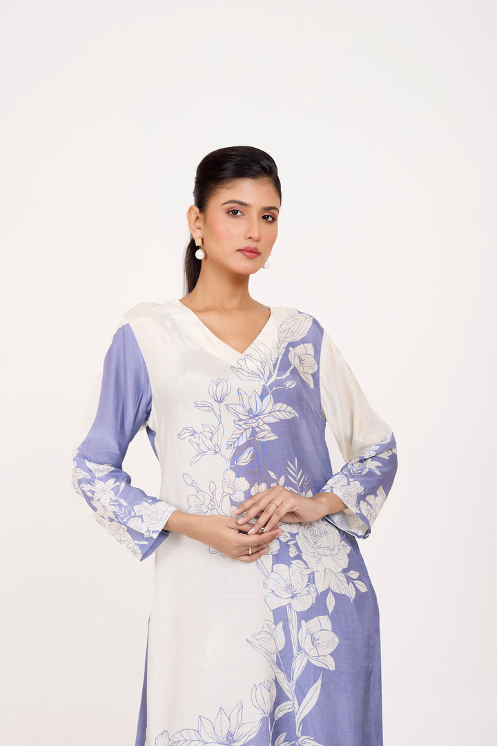 Printed Kurta & Pant - Hand Embroidered - Set of 2 - Ombre Blue- Muslin Silk