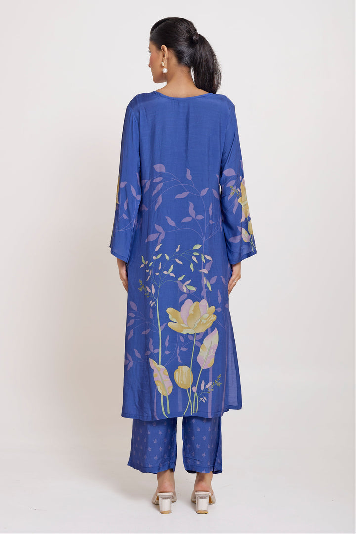Printed Kurta & Pant - Hand Embroidered - Set of 2 - Blue - Muslin Silk