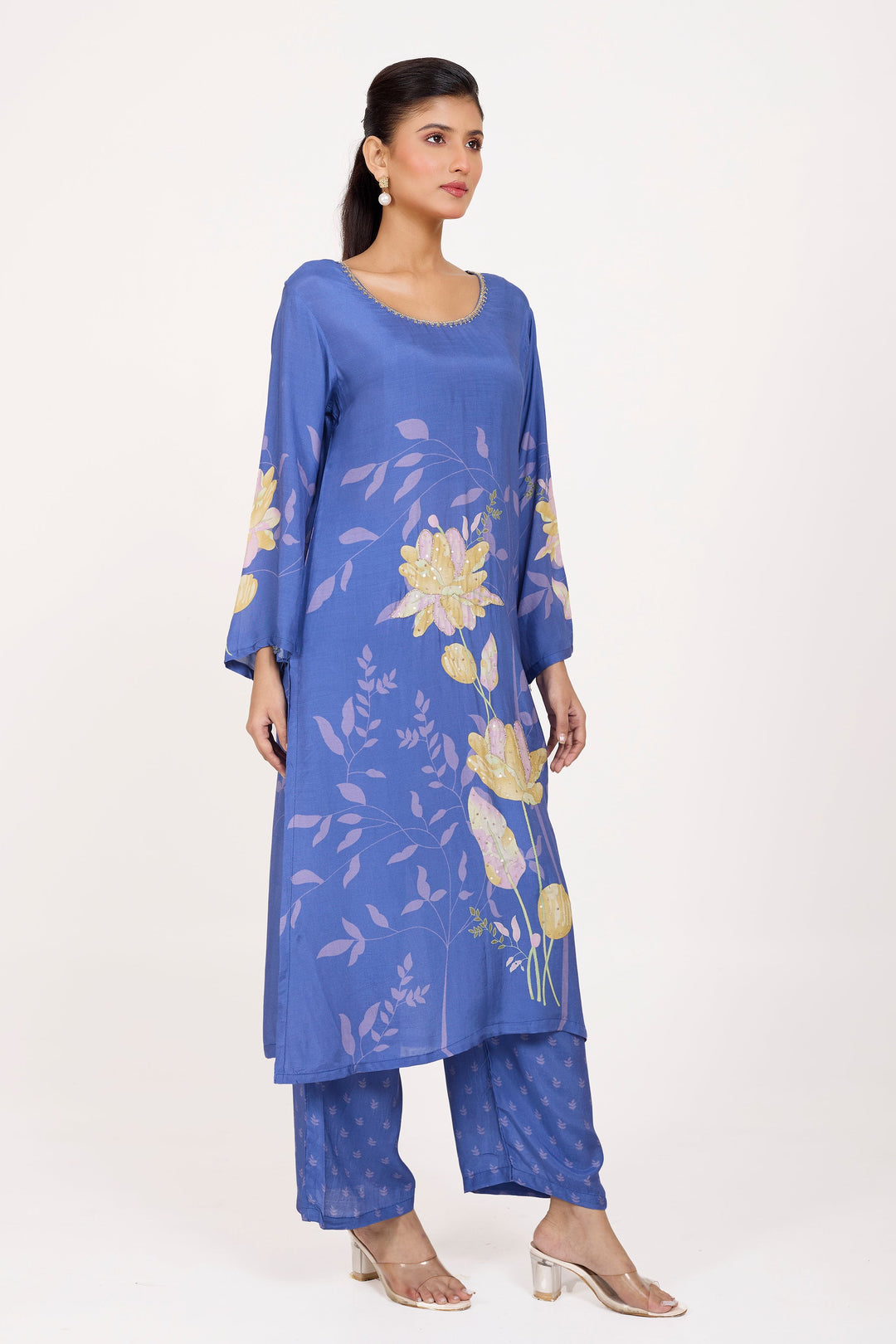 Printed Kurta & Pant - Hand Embroidered - Set of 2 - Blue - Muslin Silk
