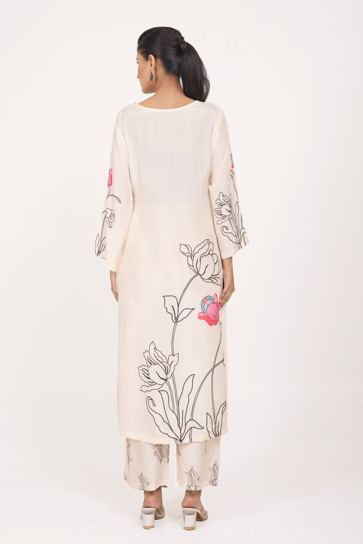 Printed Kurta & Pant - Hand Embroidered - Set of 2 - White - Muslin Silk