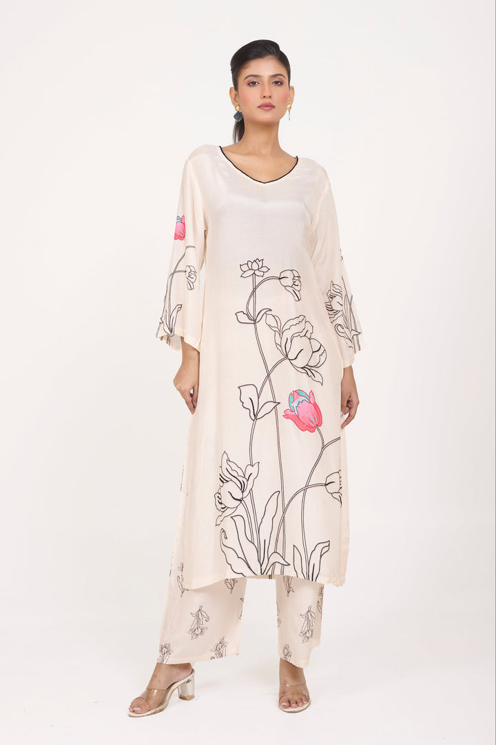 Printed Kurta & Pant - Hand Embroidered - Set of 2 - White - Muslin Silk
