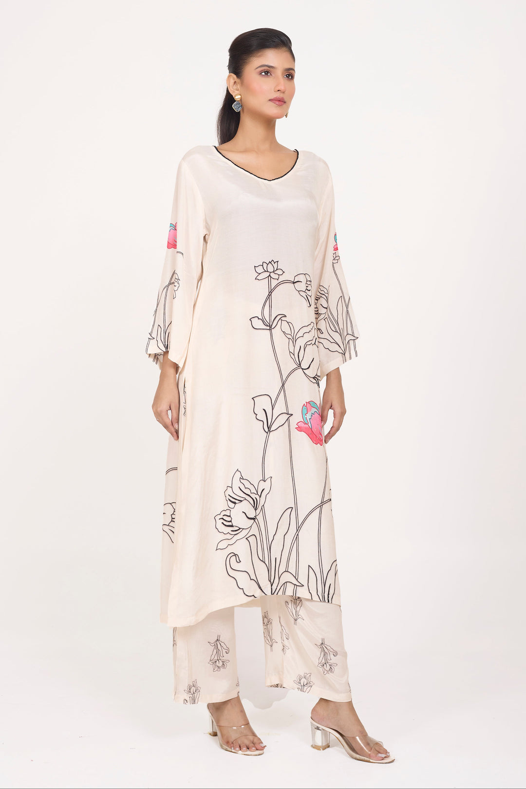 Printed Kurta & Pant - Hand Embroidered - Set of 2 - White - Muslin Silk