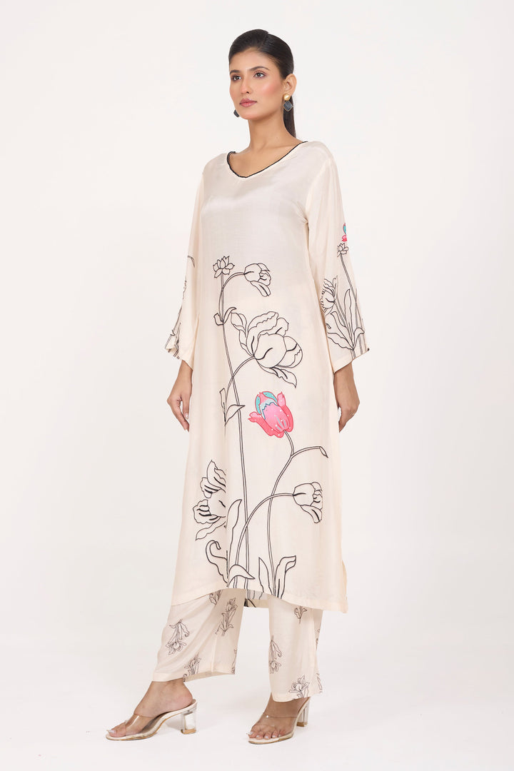 Printed Kurta & Pant - Hand Embroidered - Set of 2 - White - Muslin Silk