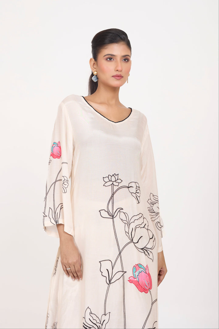 Printed Kurta & Pant - Hand Embroidered - Set of 2 - White - Muslin Silk