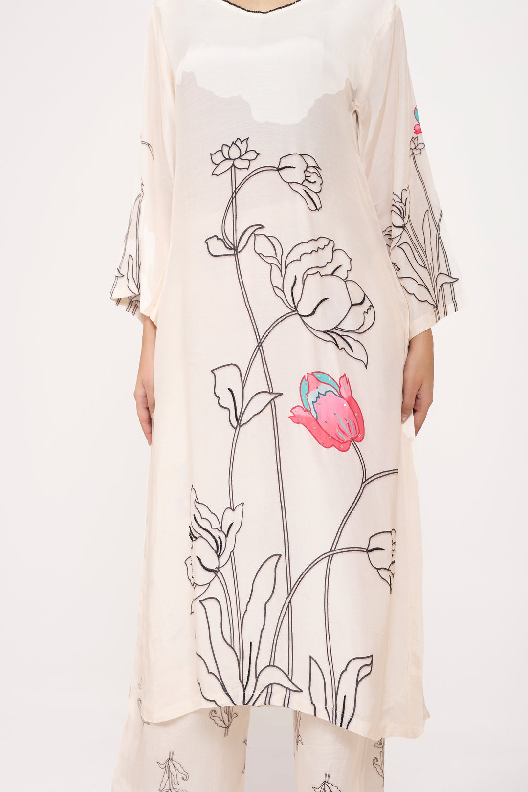 Printed Kurta & Pant - Hand Embroidered - Set of 2 - White - Muslin Silk