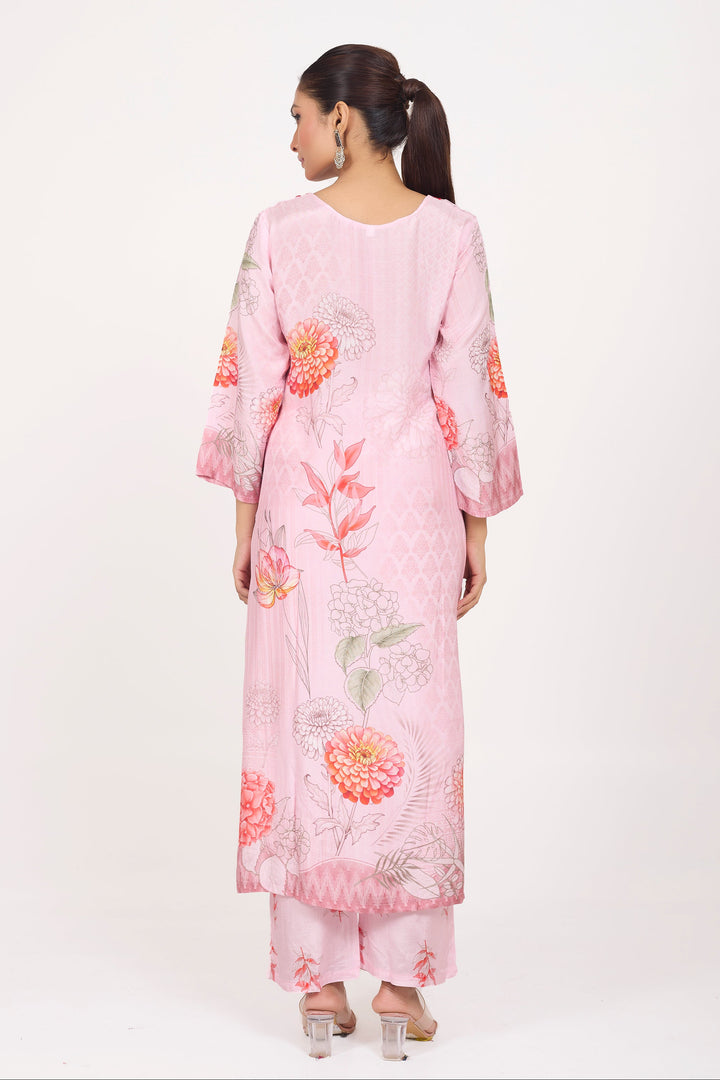 Printed Kurta & Pant - Hand Embroidered - Set of 2 - Pink - Muslin Silk