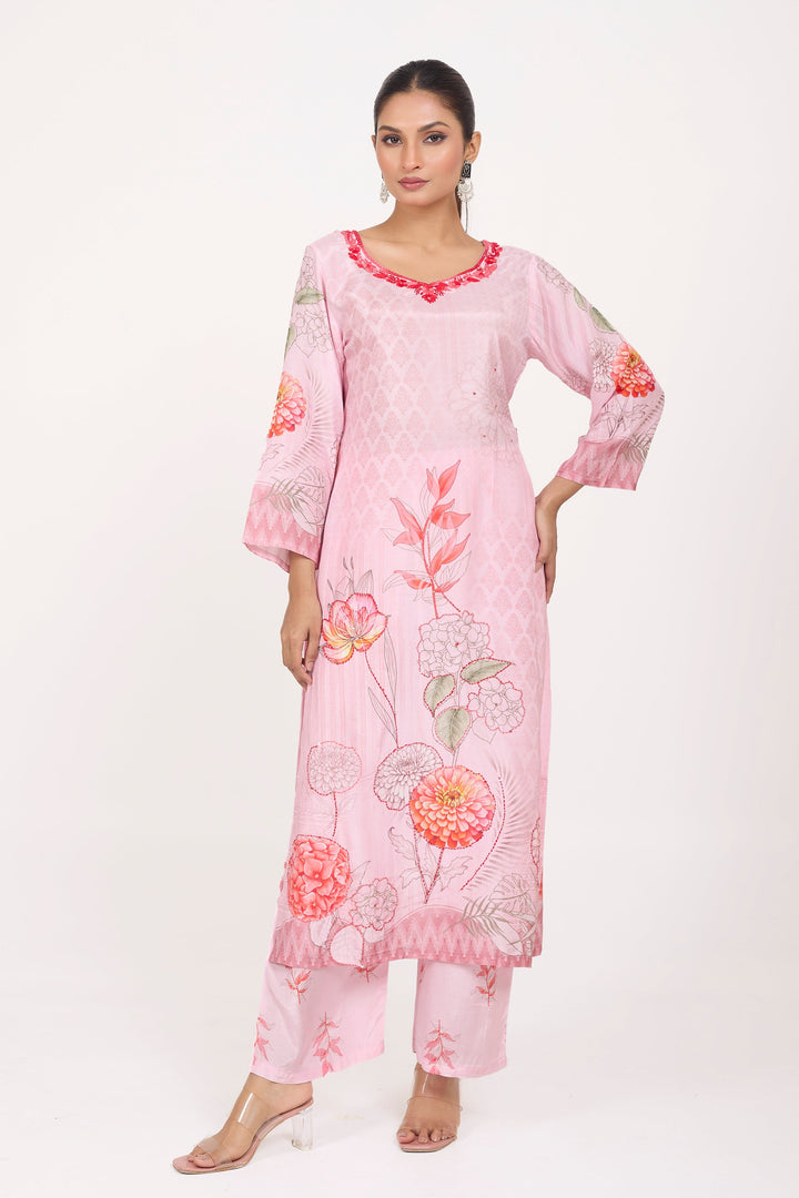 Printed Kurta & Pant - Hand Embroidered - Set of 2 - Pink - Muslin Silk