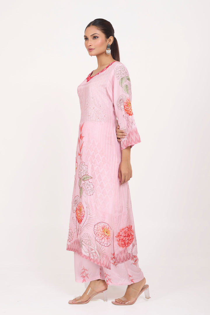 Printed Kurta & Pant - Hand Embroidered - Set of 2 - Pink - Muslin Silk