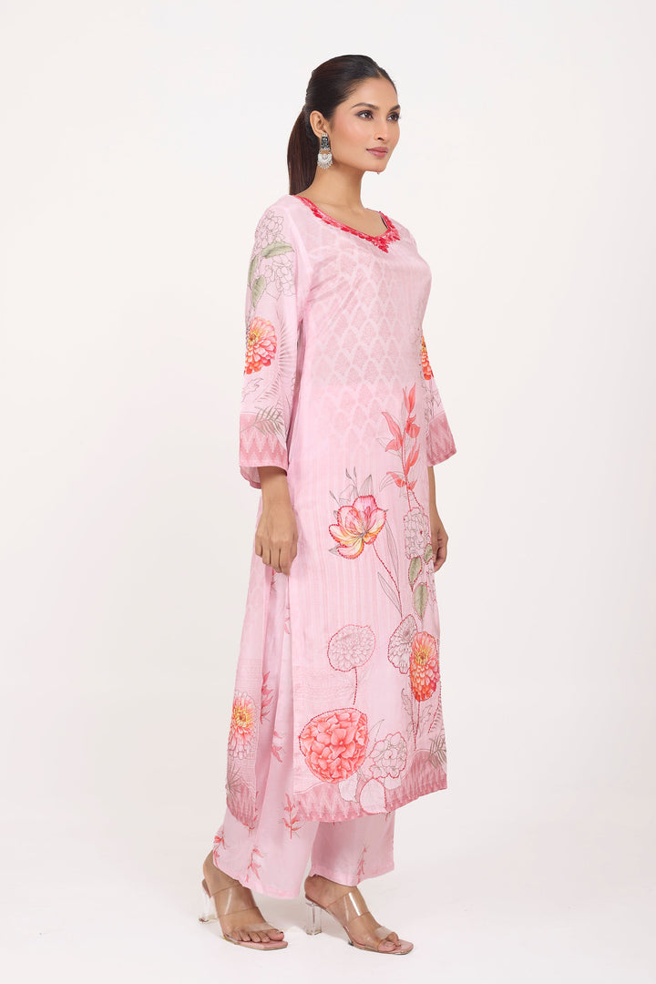 Printed Kurta & Pant - Hand Embroidered - Set of 2 - Pink - Muslin Silk
