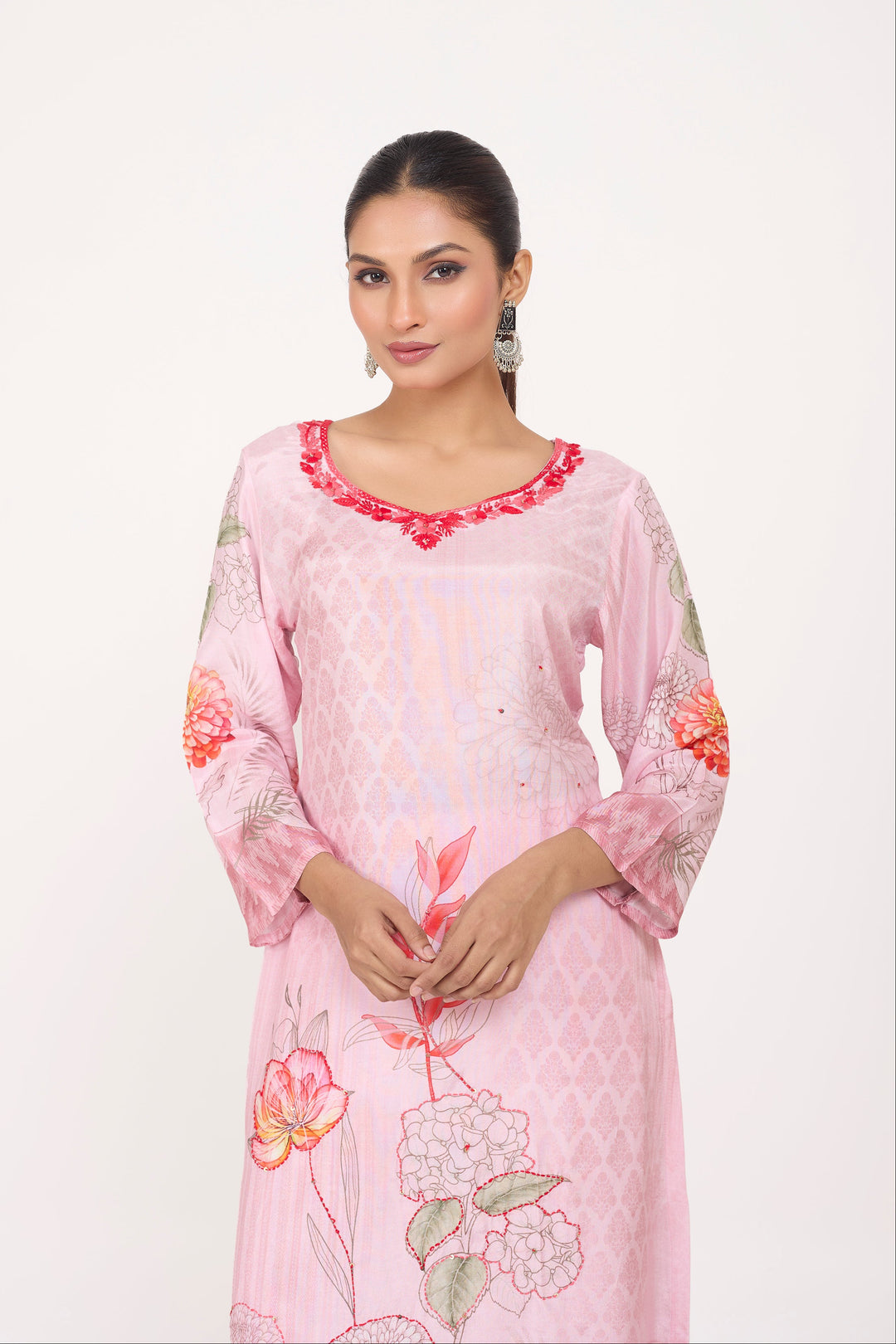 Printed Kurta & Pant - Hand Embroidered - Set of 2 - Pink - Muslin Silk