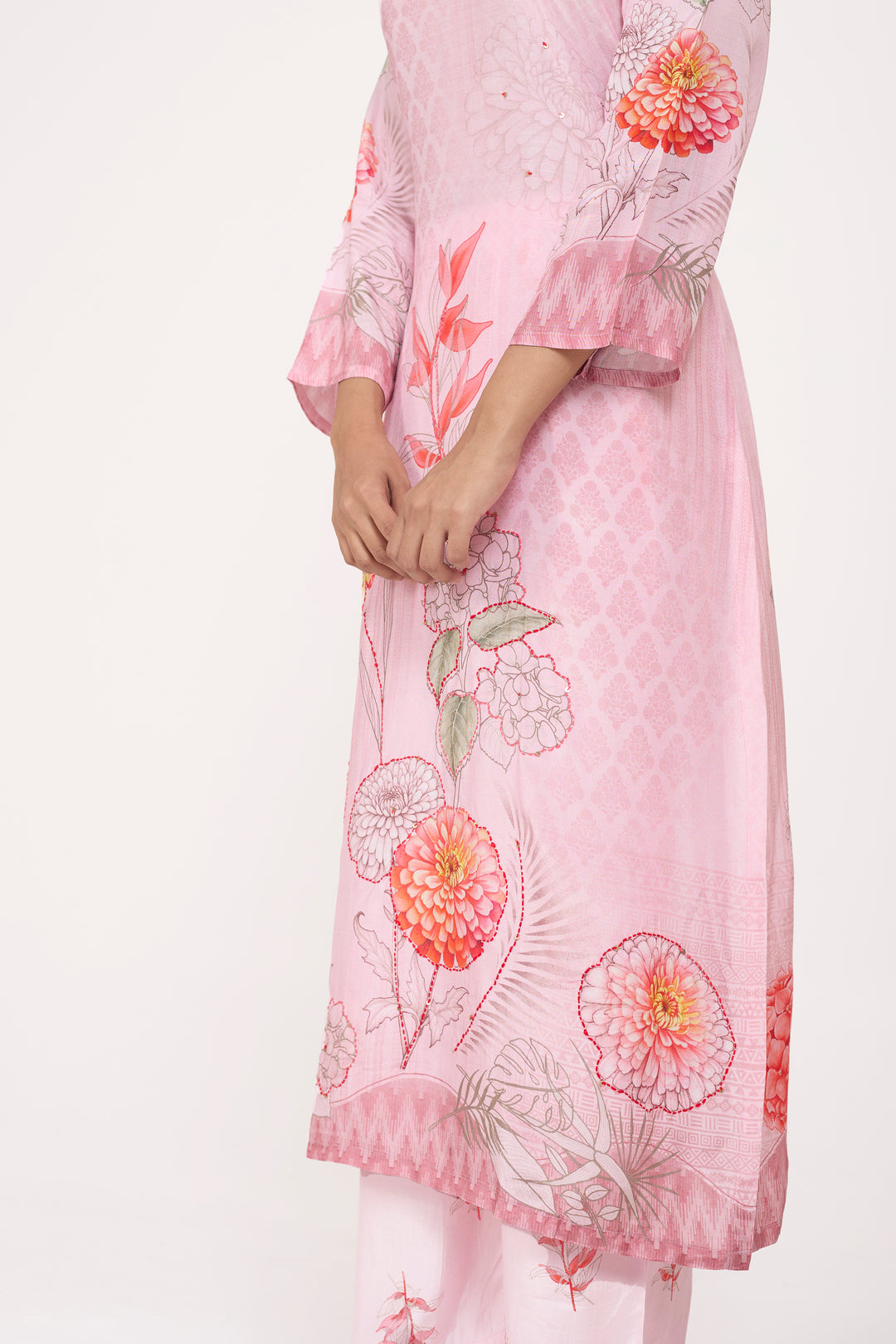 Printed Kurta & Pant - Hand Embroidered - Set of 2 - Pink - Muslin Silk