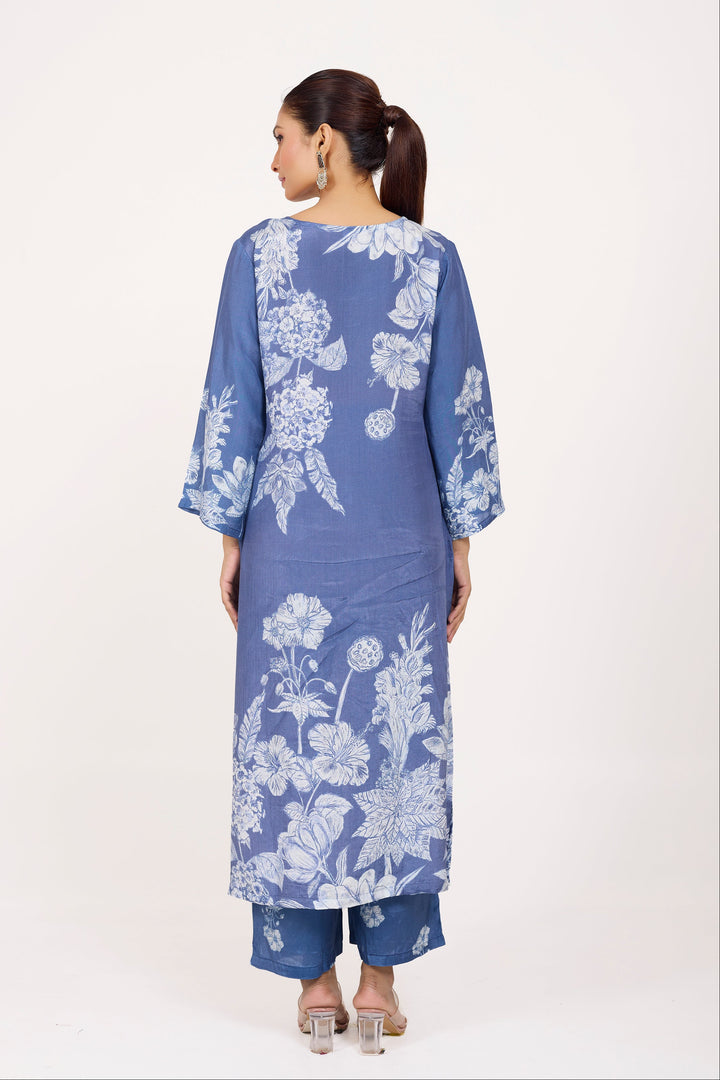 Printed Kurta & Pant - Hand Embroidered - Set of 2 - Blue - Muslin Silk