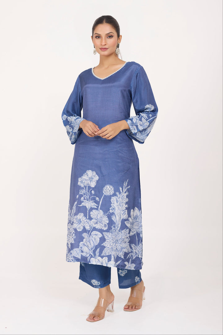 Printed Kurta & Pant - Hand Embroidered - Set of 2 - Blue - Muslin Silk