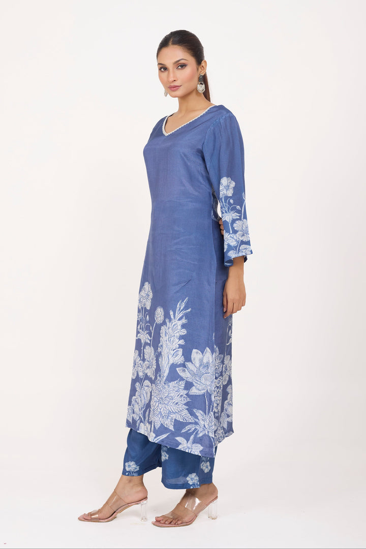 Printed Kurta & Pant - Hand Embroidered - Set of 2 - Blue - Muslin Silk