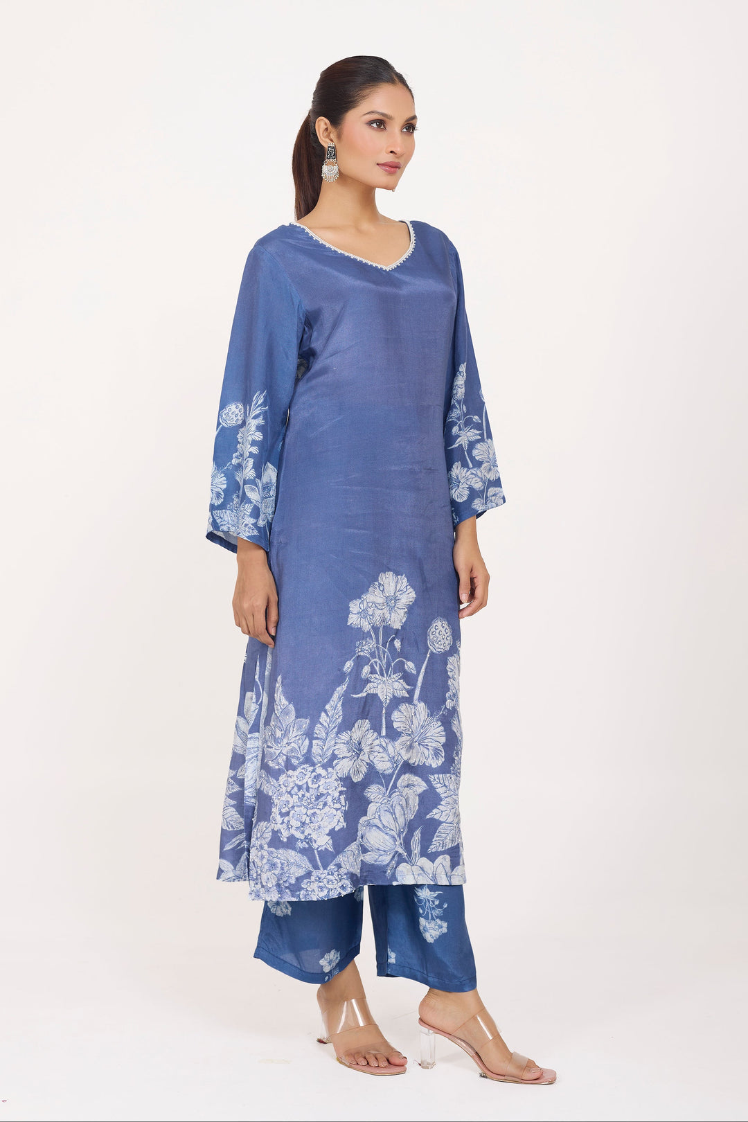Printed Kurta & Pant - Hand Embroidered - Set of 2 - Blue - Muslin Silk