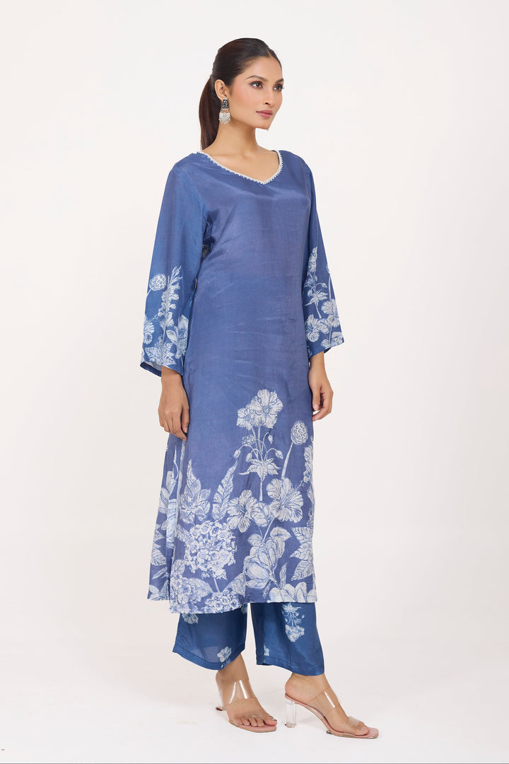 Printed Kurta & Pant - Hand Embroidered - Set of 2 - Blue - Muslin Silk