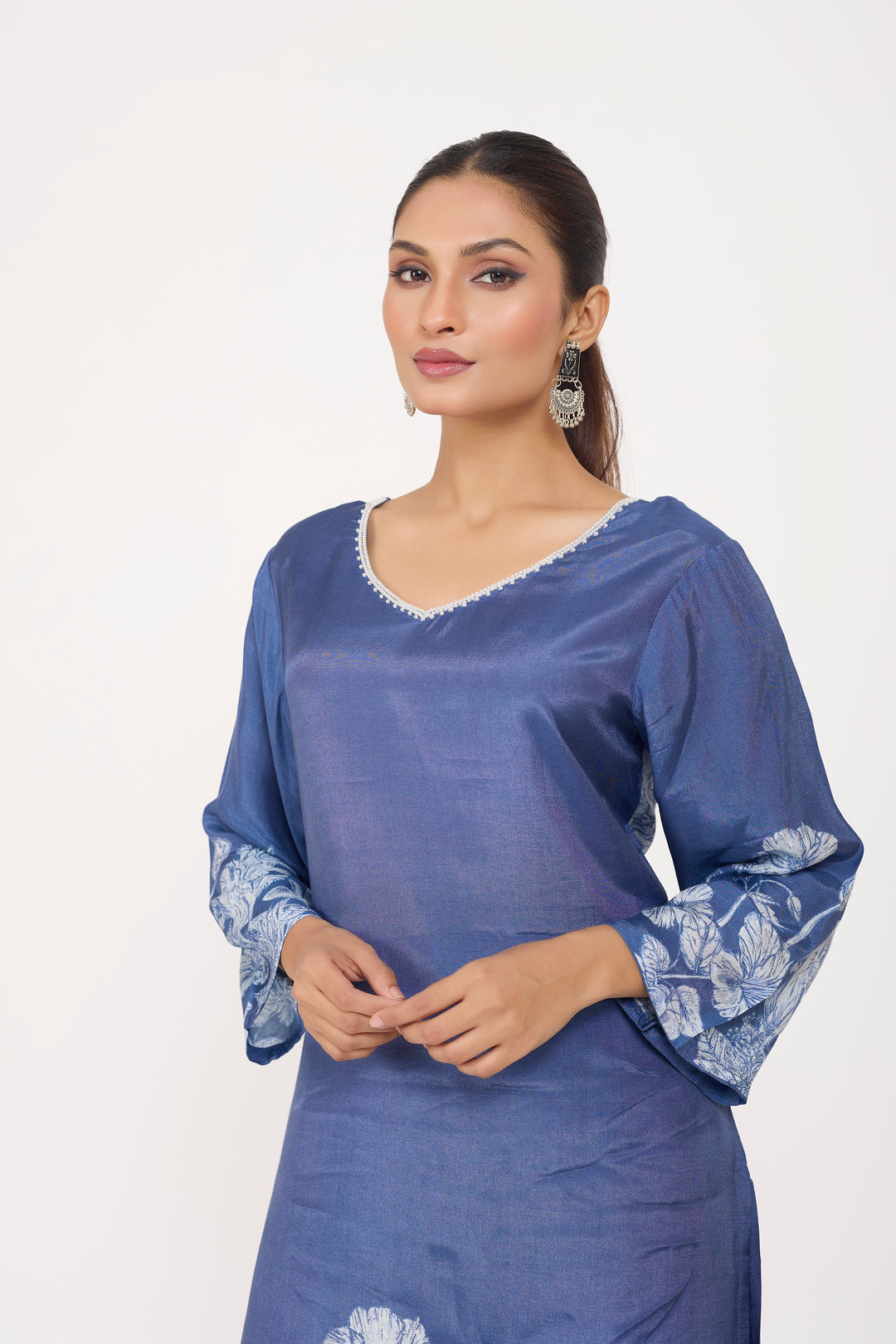 Printed Kurta & Pant - Hand Embroidered - Set of 2 - Blue - Muslin Silk