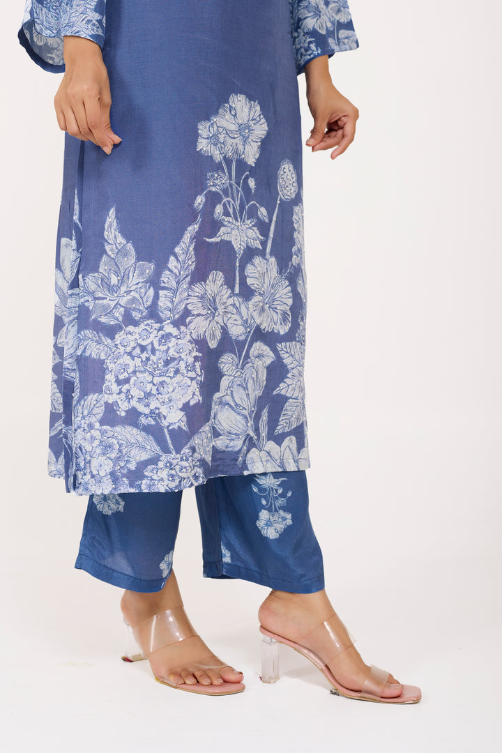 Printed Kurta & Pant - Hand Embroidered - Set of 2 - Blue - Muslin Silk