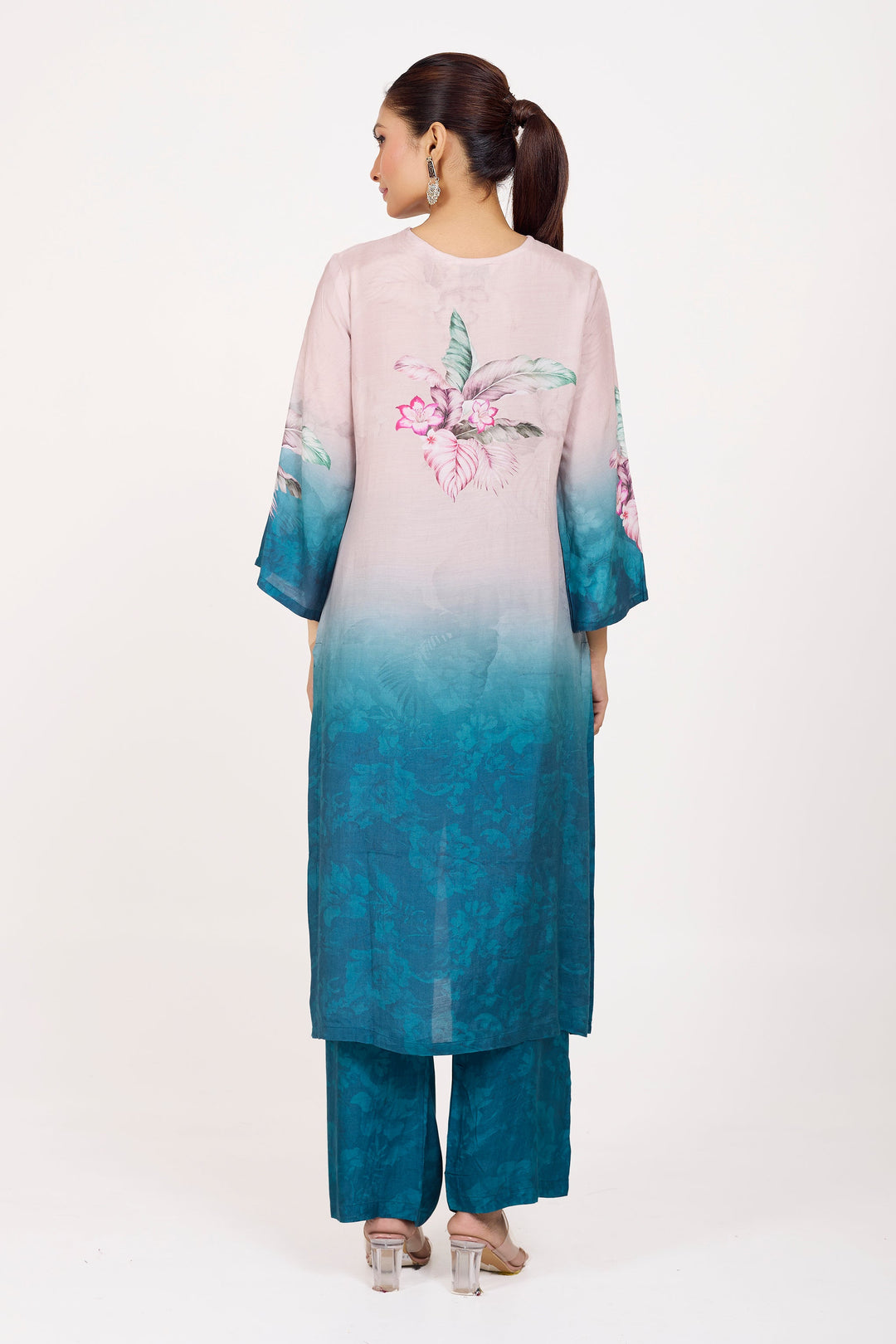 Printed Kurta & Pant - Hand Embroidered - Set of 2 - Ombre Blue - Muslin Silk